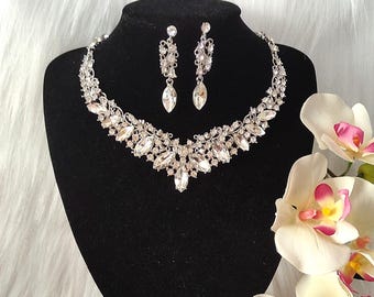 Rhinestone Marquise Design Necklace & earrings, wedding bridal prom pageant Accessories