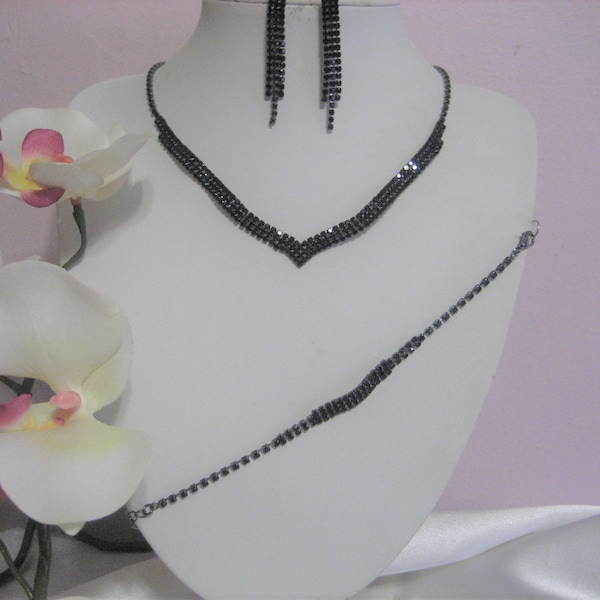 3 pc. Black Rhinestone, Necklace, Earrings & Bracelet Set, Wedding, Bridal, Prom, Accessories