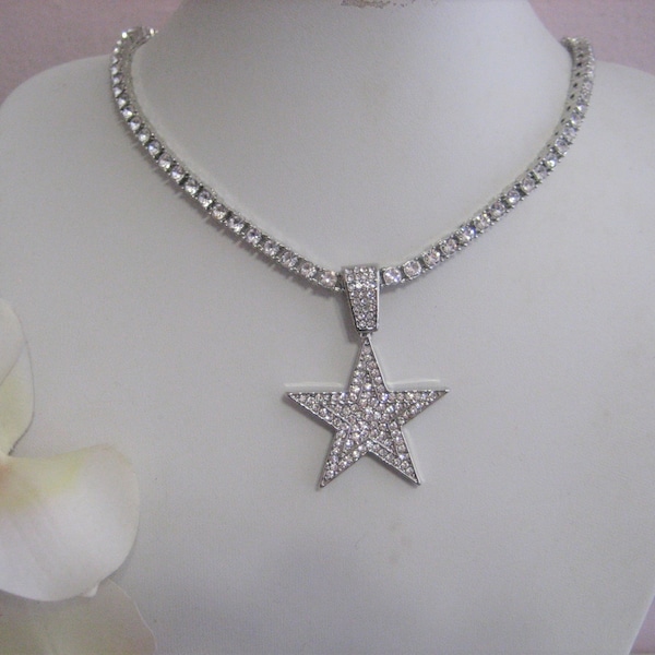 Rhinestone Star Tennis Necklace 20" Long, Pendant Silver tone Bridal Prom Wedding Pageant Accessories