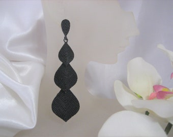 Jet Black Leaf Design Drop Dangle Chandelier Earrings, wedding, prom, pageant 3 1/2" Long Accessories