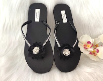 Bling Rhinestone black shabby flower Flip Flops sandals shoes thongs US Size 10, accessories