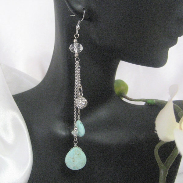 Sleek Rhinestone Ball Turquoise Color Stone Dangle Drop Chandelier Earrings Accessories 4" Long