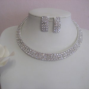 Rhinestone Choker, Necklace Earring Set, 3 Rows, Bridal, Prom, Wedding, Accessories