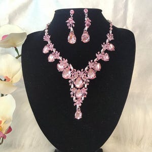 Pink Rhinestone Pearl Teardrop Necklace & Earrings Set: Bridal Wedding Jewelry