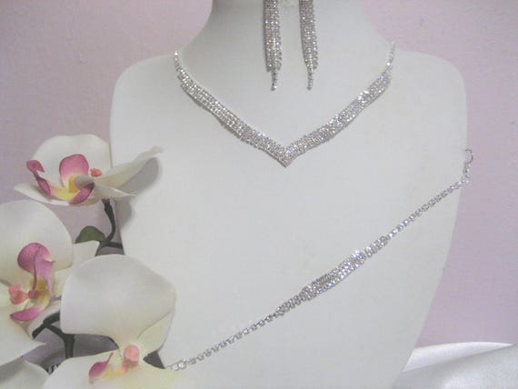 Rhinestone Necklace Bracelet Earrings Set, Bridal, Wedding