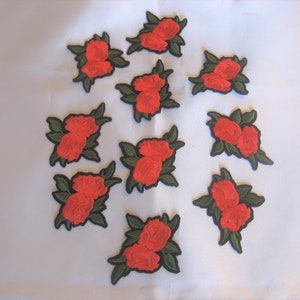 Lot of 10 Red Rose, Green Leaf, Iron on, Sew on, Embroidered, Patches, Applique, Accessories