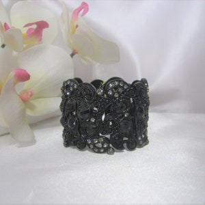 Jet black Beaded Hematite Rhinestones Stretch Cuff Bracelet, Wedding, Prom, Accessories  1 3/4" wide