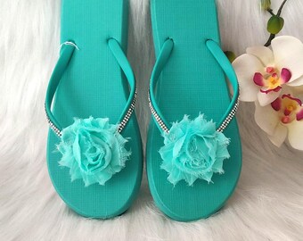 Bling AB Rhinestone Aqua Blue Shabby flower flip flops, size 39-40 US size 8, wedding Accessories