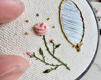 Pink Rose, Long-Stemmed, Mirror | “Reflecting Beauty” Series | Original Embroidery, Needlepoint Artwork