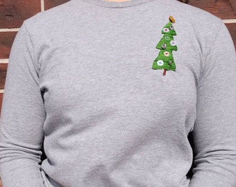 Hand-Embroidered T-Shirt, Christmas Tree Shirt, Long-Sleeve Shirt