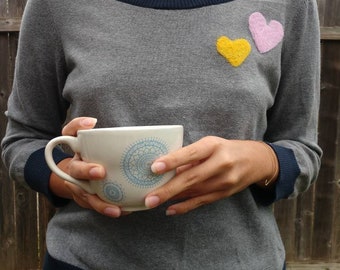 Hand Felted  Heart Sweater, Thrifted Sweater, Valentines Day Sweater