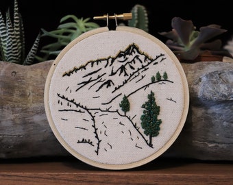 Embroidery hoop art, Mountain Scene, 4" Embroidery hoop, Hand-embroidery