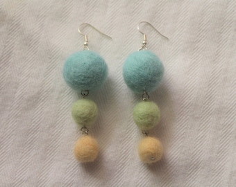 Felt Ball Earrings, Hand-Felted 100% Wool Roving Pom-Pom Dangle Earrings, Yellow Earrings, Blue Earrings, Green Earrings