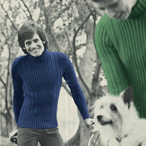 May include: A navy blue ribbed knit turtleneck sweater. The sweater has long sleeves and a high collar. The image also shows a person wearing the sweater, and a dog.