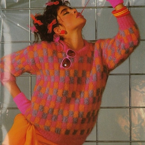 Ladies/Teen oversize abstract check jumper/sweater/pullover PDF Vintage knitting pattern circa 1980&#39;s Instant download