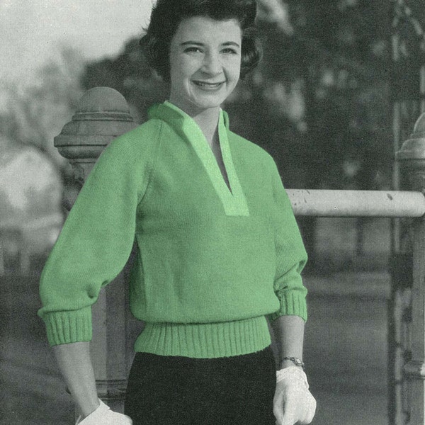 Ladies 3/4 sleeve Raglan deep v-neck Sweater PDF Vintage knitting pattern circa 1940's Instant download