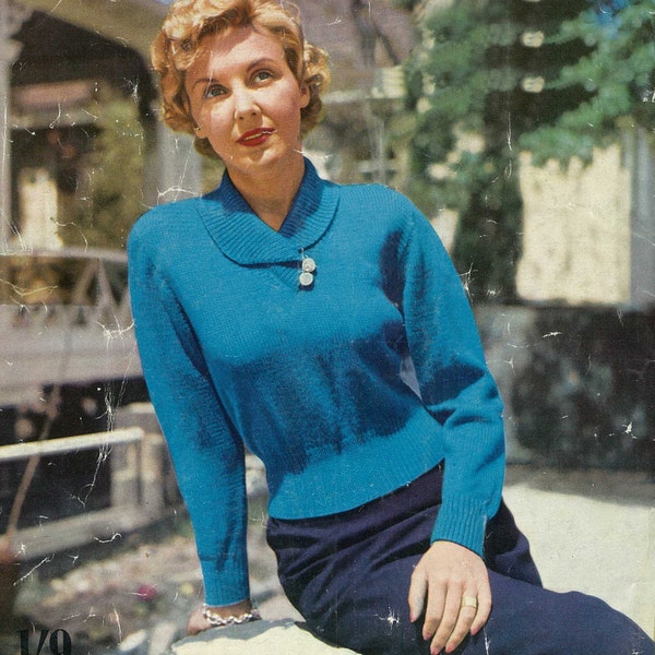 Ladies Shawl-collared jumper/sweater PDF Vintage knitting pattern circa 1940's Instant download
