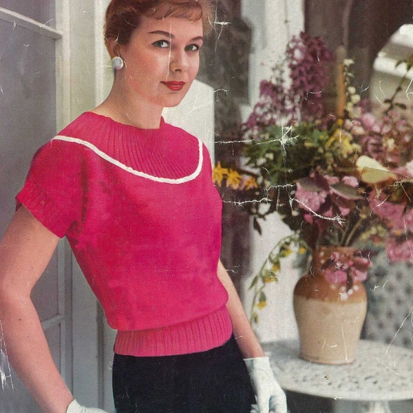 Ladies Scoop-necked short sleeve jumper/sweater PDF Vintage knitting pattern circa 1940's Instant download  257