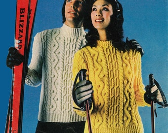 Ladies / Men's Aran sweaters PDF  vintage knitting pattern circa 1971 Instant download