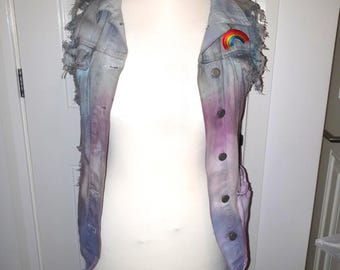Distressed tie dye denim jacket cut off geometric back design