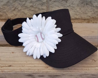 Baseball Mom Sun Visors, Baseball Mom Hats, Baseball Flower Hats in your child's team colors- rhinestone baseball visor