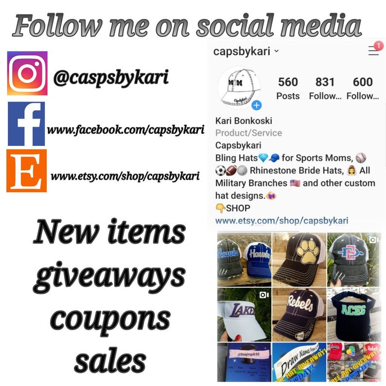 Pode incluir: Imagem promocional da capsbykari nas redes sociais, com links para Instagram, Facebook e Etsy. O texto inclui "Novos itens, brindes, cup&otilde;es, promo&ccedil;&otilde;es". V&aacute;rios designs de chap&eacute;us personalizados s&atilde;o exibidos, incluindo temas esportivos e com strass.