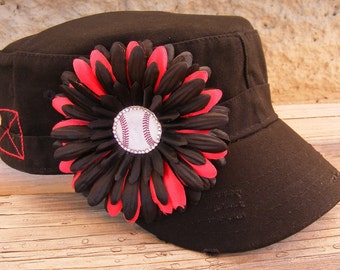 Baseball mom cadet hat with flower and rhinestone baseball center and rhinestone name personalization on hats brim