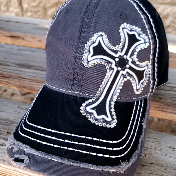 Rhinestone Cross Hat, Bling Cross Dad Hats and Trucker Caps, Contrast stitching and super shiny rhinestones set this custom bling hat apart!