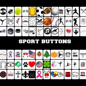 May include: A set of 100 round, white buttons with various sports, holiday, and other themed images. The buttons are arranged in a grid pattern on a black background. The text "SPORT BUTTONS" is printed in white letters below the grid.