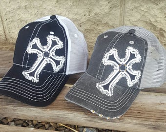 Bling Cross Hats, Rhinestone Cross Trucker caps Many colors available, Scroll through pictures to see other colors!