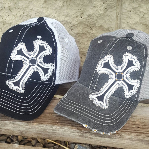 Bling Cross Hats, Rhinestone Cross Trucker caps Many colors available, Scroll through pictures to see other colors!
