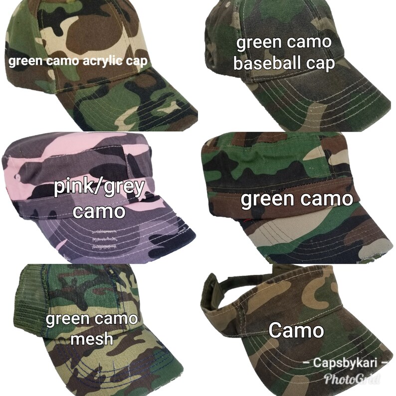 May include: Six different camouflage patterned baseball caps. The caps are in various styles, including a mesh cap, a baseball cap, a military style cap, and a visor. The caps are all in shades of green, pink, and grey.