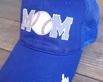 Baseball MOM Caps with rhinestone baseball M's are done in team colors