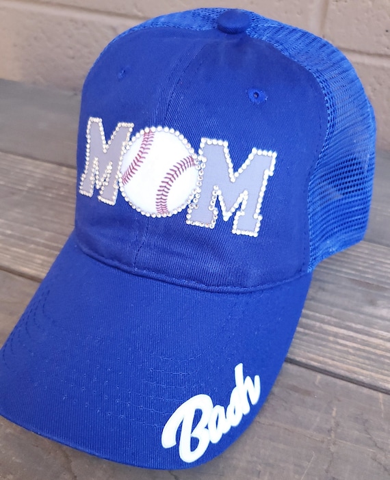 Baseball MOM Caps with rhinestone baseball M's are done in team colors