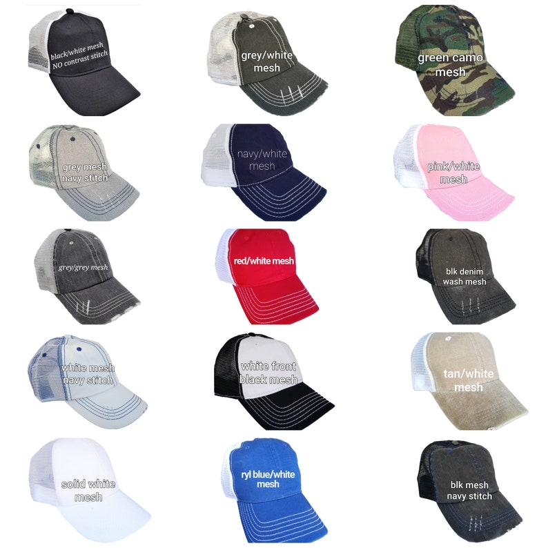 May include: A collection of 15 different trucker hats with various color combinations and mesh panels. The hats feature different text on the front, including "black/white mesh", "grey/white mesh", "green camo mesh", "grey mesh navy stitch", "navy/white mesh", "pink/white mesh", "grey/grey mesh", "red/white mesh", "blk denim wash mesh", "white mesh navy stitch", "white front black mesh", "tan/white mesh", "solid white mesh", "ryl blue/white mesh", and "blk mesh navy stitch".