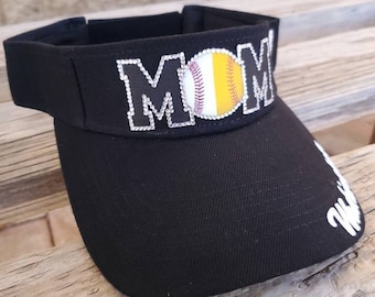 Baseball and softball mom sun visors, custom sun visors for mom any sport or any two sports in shiny rhinestones