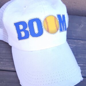 Softball Mom Hats, Rhinestone Softball Mom Hats with rhinestone softball and custom team name.