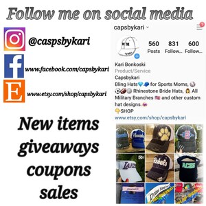 May include: A social media profile screenshot for Capsbykari featuring links to Instagram, Facebook, and Etsy. The profile displays a collection of custom baseball caps and visors with various sports and team logos, alongside text promoting new items, giveaways, coupons, and sales.