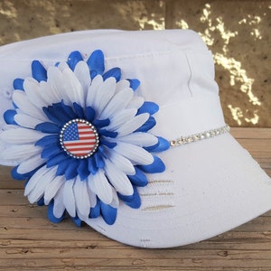 Bling Flag Hat, Rhinestone Flower USA Flag Hat, 4th Of July Hat, July 4th hats, red, white and blue Hat, Independence Day Hats