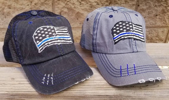 Police Thin Blue Line Wife Hat, Police Support Hat, Fourth of July Flag Hat, Blue Line support police distressed Rhinestone Flag Hat