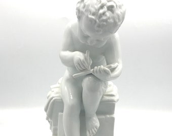 Vintage Large White Porcelain Boy Statue Reading Figurine - Marked with Blue Crown N- 15" tall