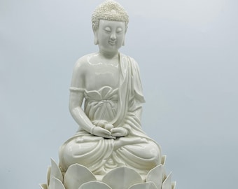 Vintage 16" China White Porcelain Lotus  Bodhisattva Buddha Statue- Chip Free Stamped Hong Kong