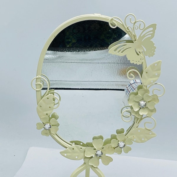 Vintage Metal Vanity Mirror -Perfect for your dresser or bathroom vanity- Flowers Butterlies and Rhinestones