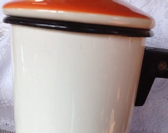 Vintage Retro orange and cream enamel coffee pot with Black handle and lid knob-Great Condition