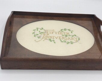 Vintage Needlepoint Serving Tray with wooden frame and handles.