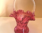 Vintage Fenton Thumbprint Coin Dot Cranberry glass Basket with Ruffled Rim Clear Handle tall circa 1950 39 s
