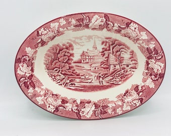 9 x 12 Serving Platter Barratts Of Staffordshire Old English England Pink Red Transfer Ware Millpond Scene Classic Floral Border
