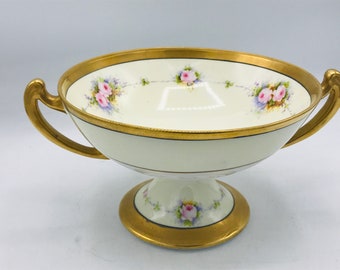 Antique stunning Noritake round Pedestal Serving Bowl with Handles Gold Trim Hand Painted Roses-8"