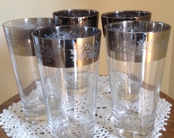 Gorgeous Guardian Service Ombre Set of (5) tumblers Silver Kimiko cocktail highball tumblers floral  silvered glass