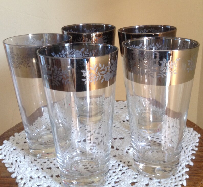 Gorgeous Guardian Service Ombre Set of 5 tumblers Silver Kimiko cocktail highball tumblers floral silvered glass image 1